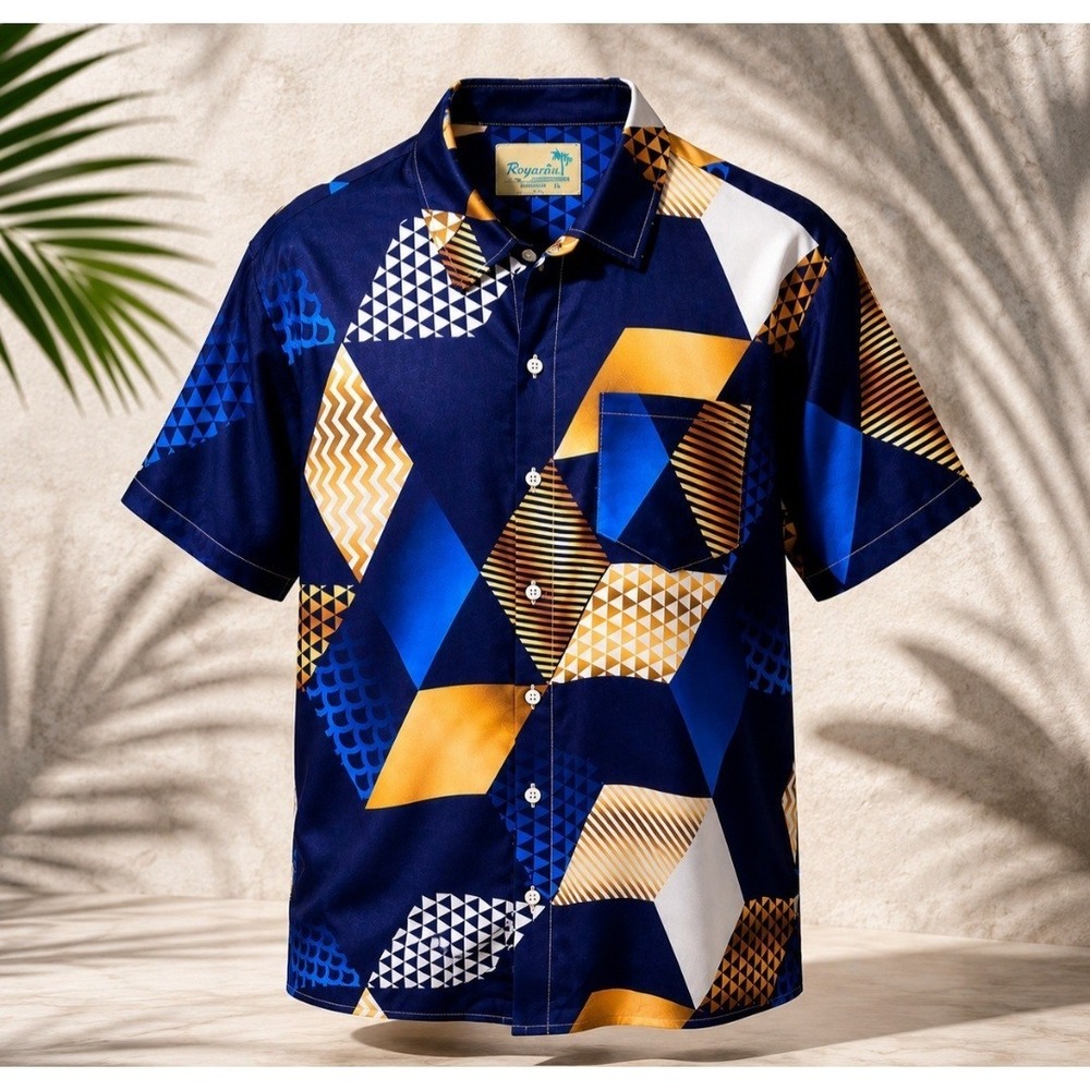 Royaura Hawaiian Shirt Mens XL Blue Geometric Abstract Button Front Short Sleeve